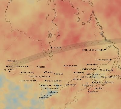 Map of the average cloud coverage across Canada for the solar eclipse of 08/16/2175