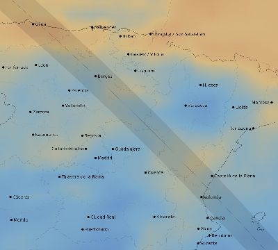 Map of the average cloud coverage across Spain for the solar eclipse of 08/16/2175
