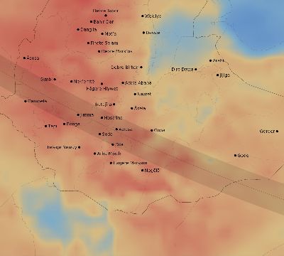 Map of the average cloud coverage across Ethiopia for the solar eclipse of 08/16/2175