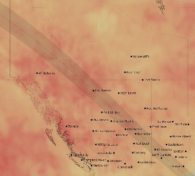 Map of the average cloud coverage across Canada for the solar eclipse of 06/16/2178