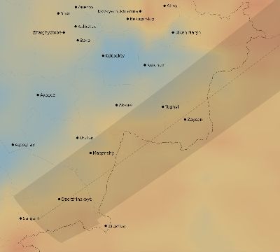 Map of the average cloud coverage across Kazakhstan for the solar eclipse of 06/16/2178