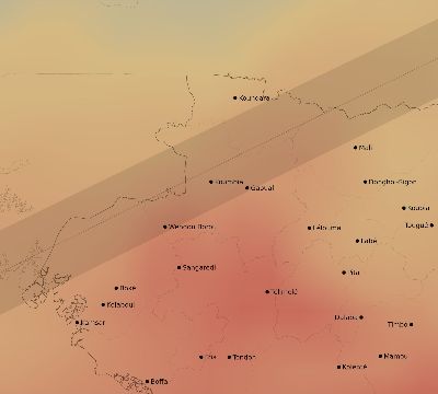 Map of the average cloud coverage across Guinea for the solar eclipse of 06/05/2179