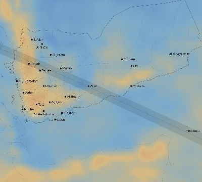 Map of the average cloud coverage across Yemen for the solar eclipse of 06/05/2179