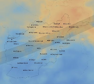 Map of the average cloud coverage across Afghanistan for the solar eclipse of 11/17/2180