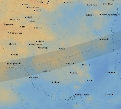 Map of the average cloud coverage across Iran for the solar eclipse of 11/17/2180