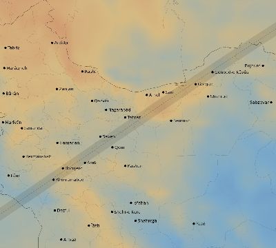 Map of the average cloud coverage across Iran for the solar eclipse of 04/03/2182