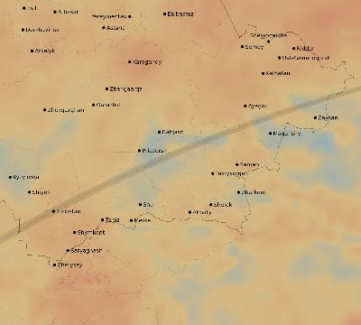Map of the average cloud coverage across Kazakhstan for the solar eclipse of 04/03/2182