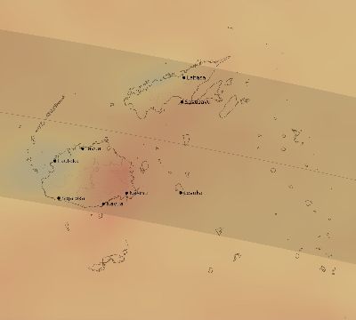 Map of the average cloud coverage across Fiji for the solar eclipse of 09/27/2182