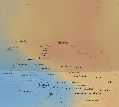 Map of the average cloud coverage across Costa Rica for the solar eclipse of 01/20/2186