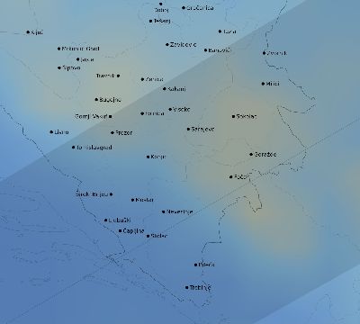 Map of the average cloud coverage across Bosnia and Herzegovina for the solar eclipse of 07/06/2187