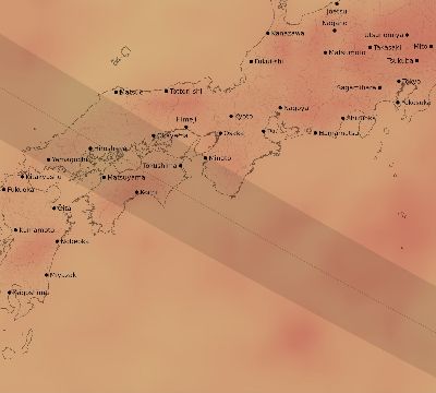 Map of the average cloud coverage across Japan for the solar eclipse of 07/06/2187