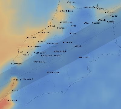 Map of the average cloud coverage across Morocco for the solar eclipse of 07/06/2187