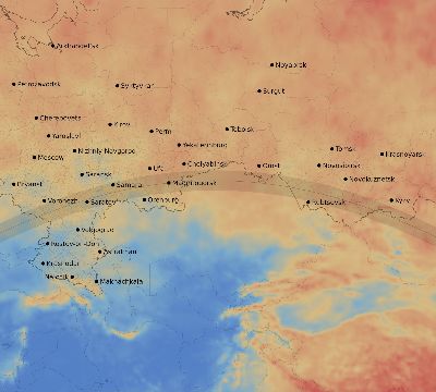 Map of the average cloud coverage across Russia for the solar eclipse of 07/06/2187