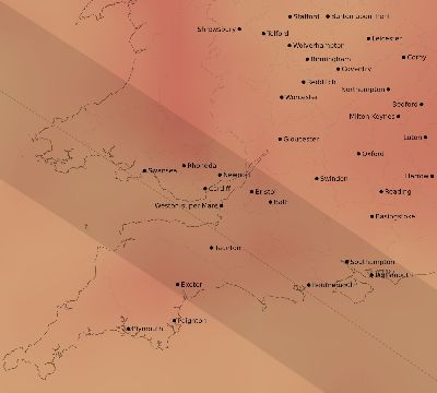 Map of the average cloud coverage across United Kingdom for the solar eclipse of 11/08/2189