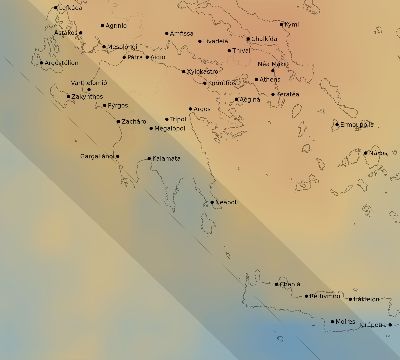Map of the average cloud coverage across Greece for the solar eclipse of 11/08/2189