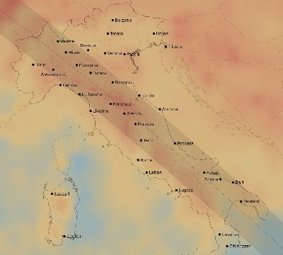 Map of the average cloud coverage across Italy for the solar eclipse of 11/08/2189