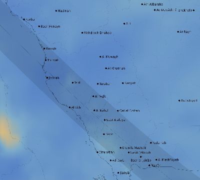 Map of the average cloud coverage across Saudi Arabia for the solar eclipse of 11/08/2189