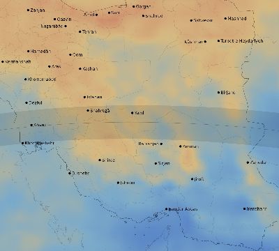 Map of the average cloud coverage across Iran for the solar eclipse of 05/04/2190