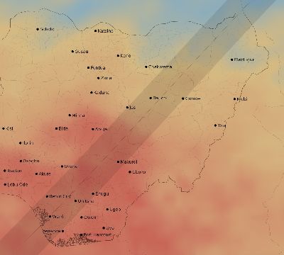 Map of the average cloud coverage across Nigeria for the solar eclipse of 05/04/2190