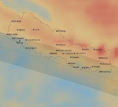 Map of the average cloud coverage across Nepal for the solar eclipse of 05/04/2190