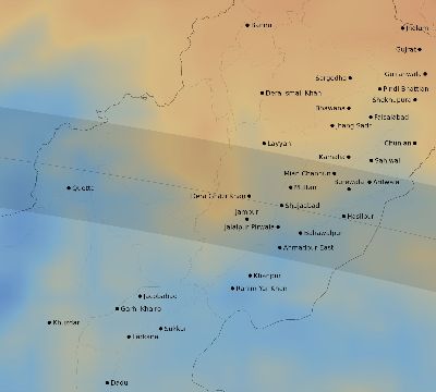 Map of the average cloud coverage across Pakistan for the solar eclipse of 05/04/2190