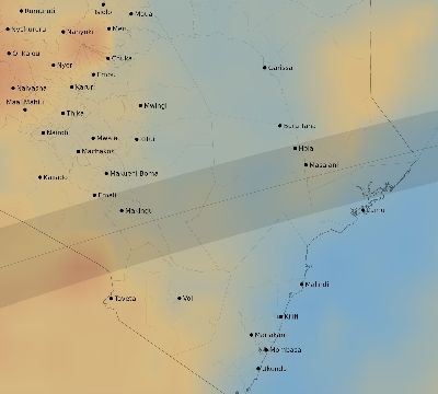Map of the average cloud coverage across Kenya for the solar eclipse of 03/03/2193