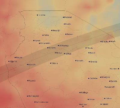 Map of the average cloud coverage across Tanzania for the solar eclipse of 03/03/2193