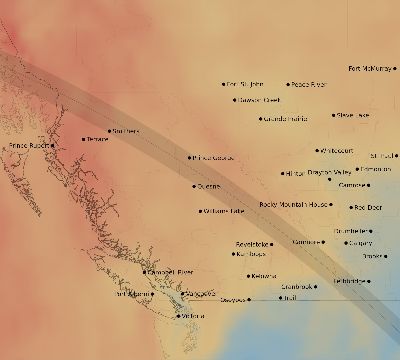 Map of the average cloud coverage across Canada for the solar eclipse of 08/26/2193