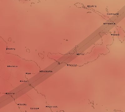 Map of the average cloud coverage across Papua New Guinea for the solar eclipse of 02/21/2194