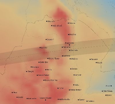Map of the average cloud coverage across Ethiopia for the solar eclipse of 08/16/2194