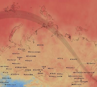 Map of the average cloud coverage across Russia for the solar eclipse of 06/26/2196