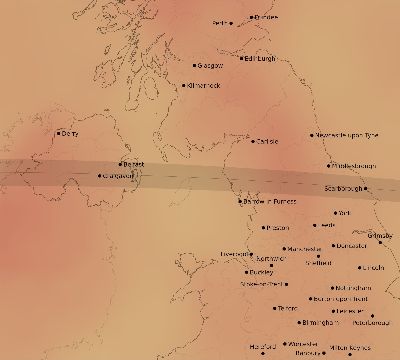 Map of the average cloud coverage across United Kingdom for the solar eclipse of 04/14/2200