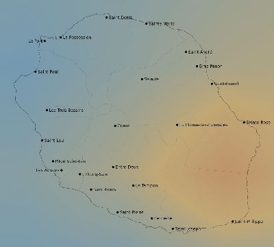 Map of the average cloud coverage across Réunion for the solar eclipse of 10/09/2200