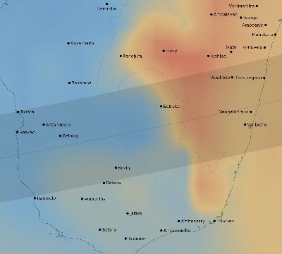 Map of the average cloud coverage across Madagascar for the solar eclipse of 04/04/2201