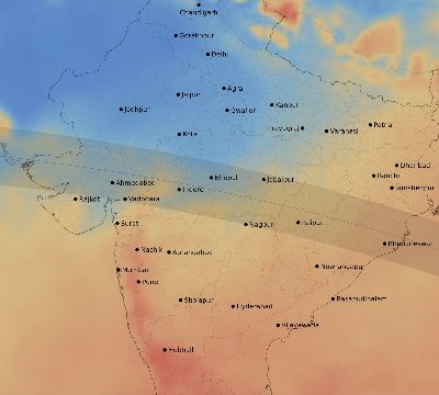 Map of the average cloud coverage across India for the solar eclipse of 09/28/2201