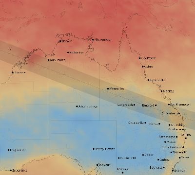 Map of the average cloud coverage across Australia for the solar eclipse of 01/21/2205