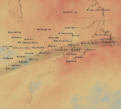 Map of the average cloud coverage across Canada for the solar eclipse of 07/17/2205
