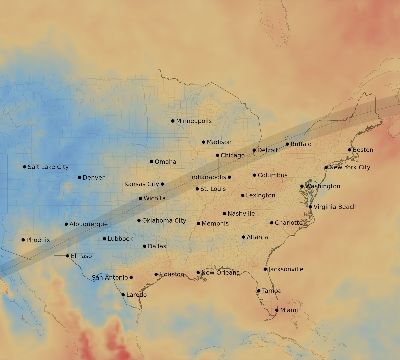 Map of the average cloud coverage across United States for the solar eclipse of 07/17/2205