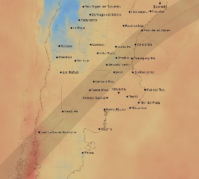 Map of the average cloud coverage across Argentina for the solar eclipse of 05/27/2207