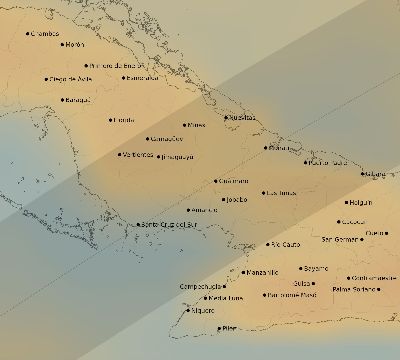Map of the average cloud coverage across Cuba for the solar eclipse of 05/15/2208