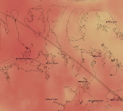 Map of the average cloud coverage across Canada for the solar eclipse of 05/05/2209