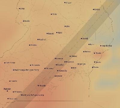 Map of the average cloud coverage across Uganda for the solar eclipse of 03/04/2212