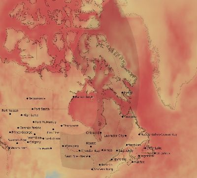 Map of the average cloud coverage across Canada for the solar eclipse of 02/21/2213