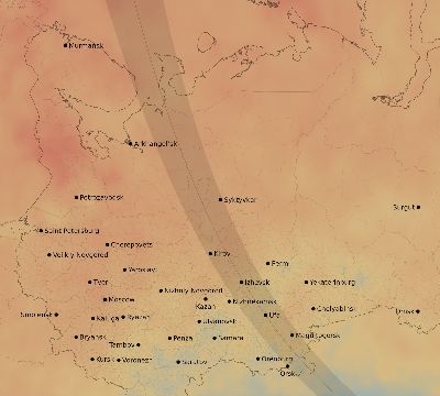 Map of the average cloud coverage across Russia for the solar eclipse of 07/08/2214