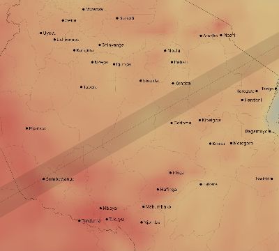 Map of the average cloud coverage across Tanzania for the solar eclipse of 12/21/2215