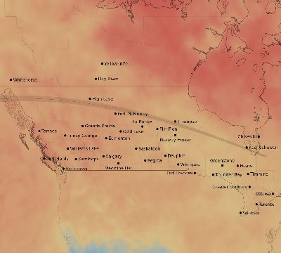 Map of the average cloud coverage across Canada for the solar eclipse of 04/25/2218