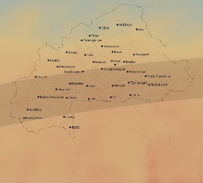 Map of the average cloud coverage across Burkina Faso for the solar eclipse of 04/15/2219