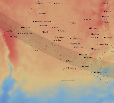 Map of the average cloud coverage across DR Congo for the solar eclipse of 10/09/2219