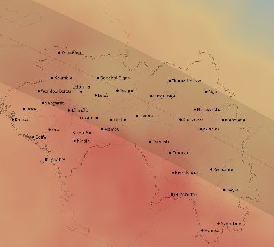 Map of the average cloud coverage across Guinea for the solar eclipse of 10/09/2219