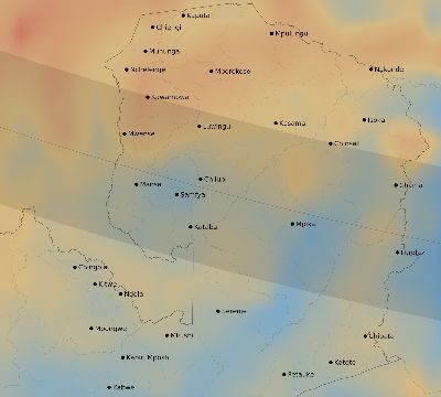 Map of the average cloud coverage across Zambia for the solar eclipse of 10/09/2219